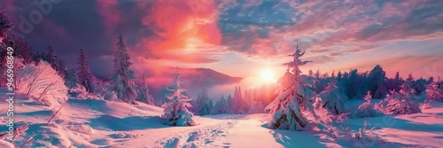 winter landscape with snow blankets spruce trees in a mountain forest, creating a magical scene as sunlight filters through fog, transforming the landscape into a winter wonderland