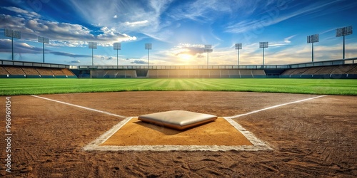 Symmetrical baseball base in empty field with outfield and infield in background