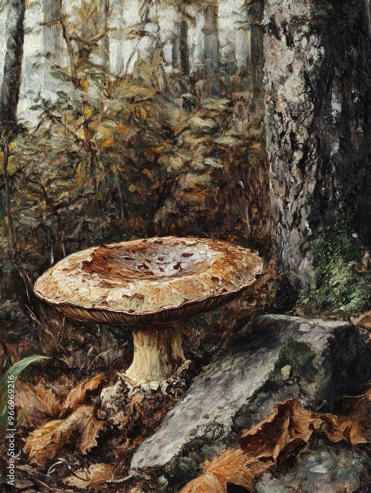 Fototapeta premium Oil painting depicting a decaying mushroom among forest foliage