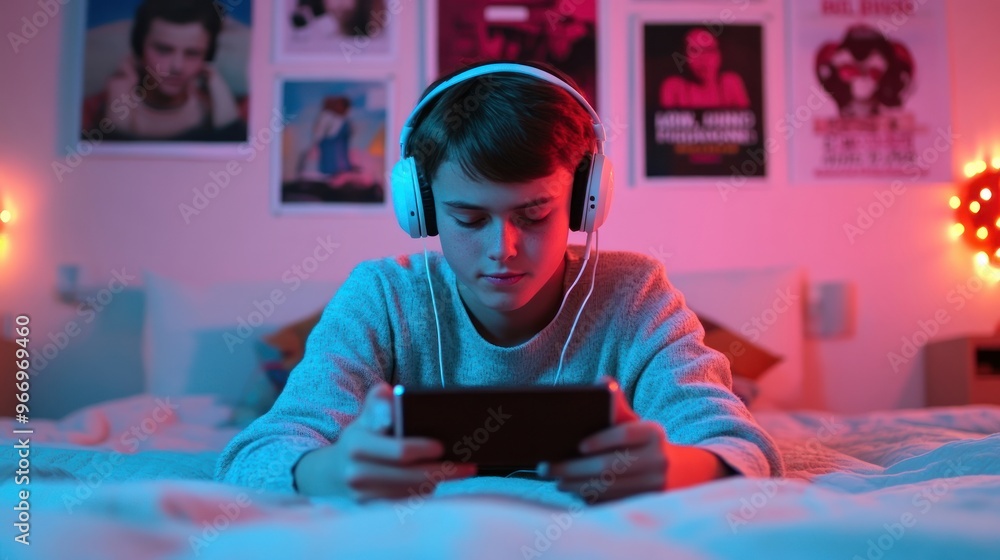 Teenager Boy Lying on Bed with Headphones Playing Mobile Game. Teenager Boy Lying on Bed with Headphones Playing Mobile Game.