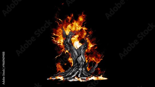 Burning Spooky Dead Tree. Fire Effect Animation on Transparent Background Isolated 4K Video. Visual Effects and Motion Graphics Element.