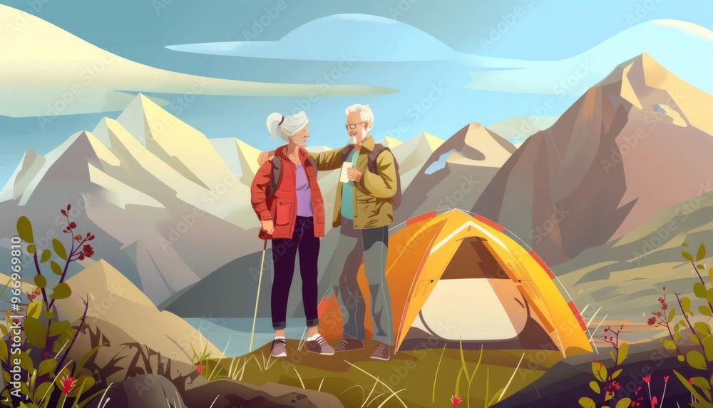 Obraz premium Elderly Lovebirds Bond on Romantic Walking Adventure: A Senior Couple's Heartwarming Journey by the