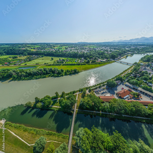 Rosenheim im Chiemgau, Ausblick auf die Stadtbezirke rund um die Mündung der Mangfall in den Inn photo