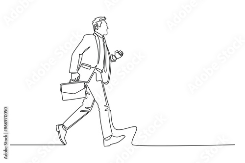 Single continuous line drawing young businessman holding briefcase running fast to office. Attractive professional manager on race competition project. One line draw graphic design vector illustration
