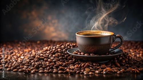 Symmetrical blur cup of hot black coffee with coffee beans on dark background