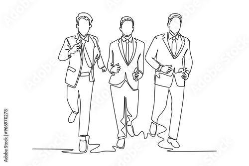 Single continuous line drawing group of businessman or male workers running to get to office on time. Urban man employee in rush hour concept. Dynamic one line draw graphic design vector illustration