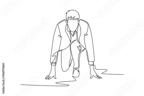 Single one line drawing front view of businessman get ready to sprint run on starting line. Business race to growth up and competition concept. Continuous line draw design graphic vector illustration