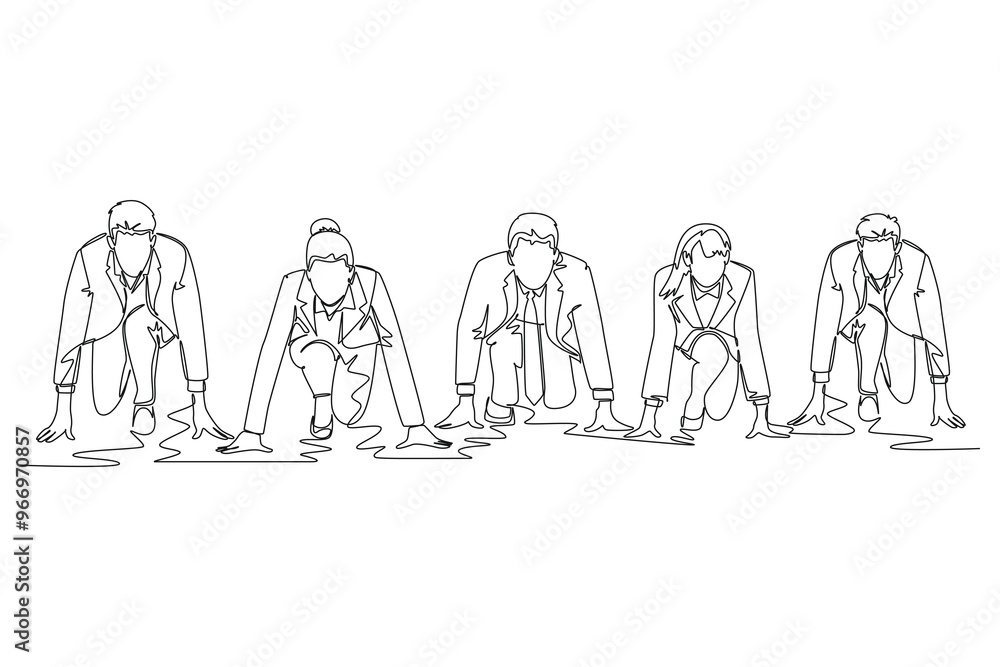 Single one line drawing group of businessman and businesswoman get ready on start line to do sprint race. Business running competition concept. Continuous line draw design graphic vector illustration Single one line drawing group of businessman and businesswoman get ready on start line to do sprint race. Business running competition concept. Continuous line draw design graphic vector illustration
