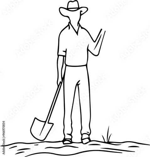 A simple line drawing of a farmer standing in a field, holding a shovel.