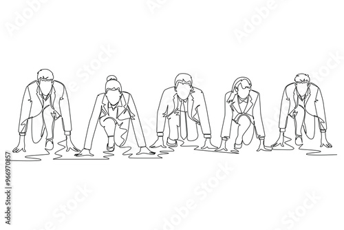 Single one line drawing group of businessman and businesswoman get ready on start line to do sprint race. Business running competition concept. Continuous line draw design graphic vector illustration