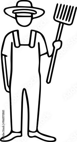 Line art of a farmer wearing overalls and holding a rake, symbolizing farm work.