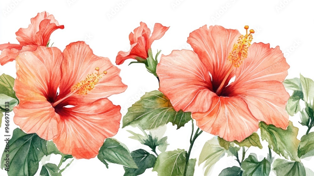 Hand painted watercolor illustration of tropical hibiscus flowers in a botanical style