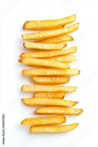 French fries laid out in a row on a white background photo