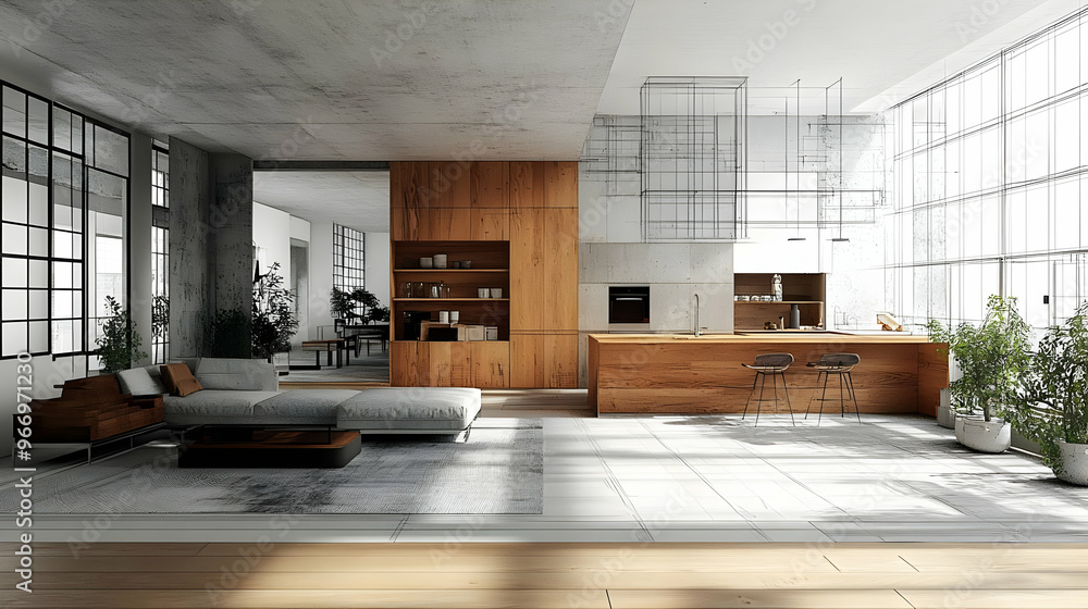 Modern open-concept living space featuring a kitchen and living area with natural elements. Modern open-concept living space featuring a kitchen and living area with natural elements.