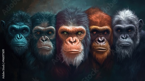 Illustration showcasing five distinct species of great apes