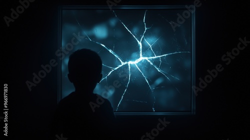 Silhouette of a Child Looking Through a Broken Window