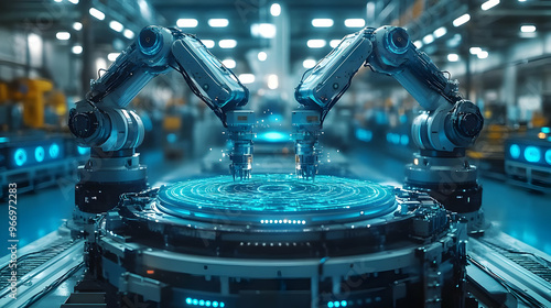 Robotic arms working on a h...