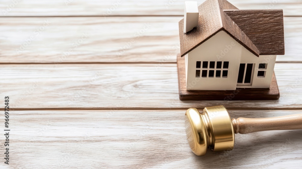 Gavel and Model House on Wooden Background Gavel and Model House on Wooden Background