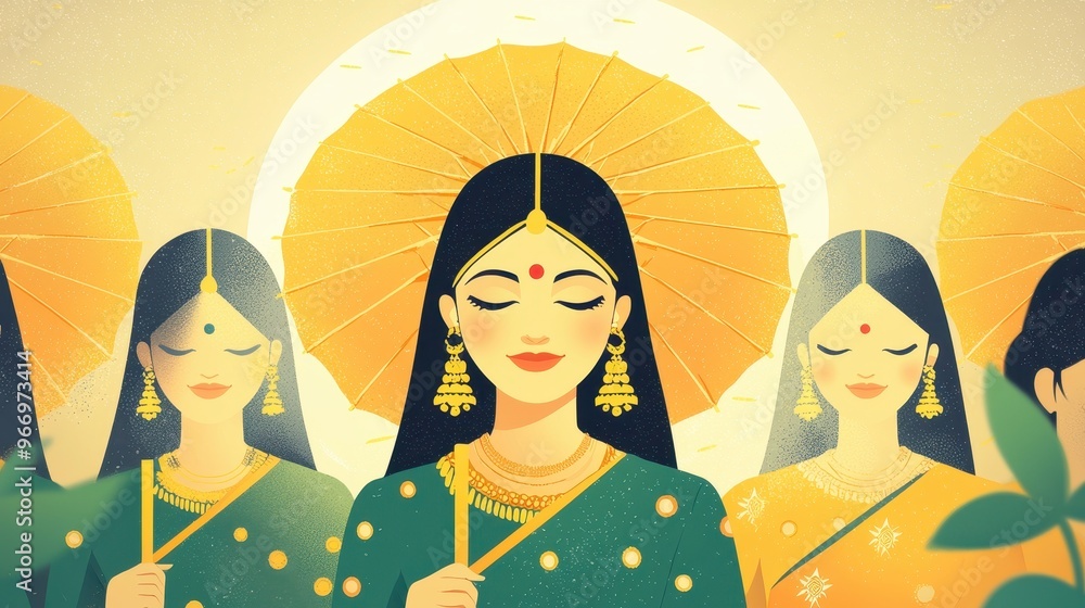 Indian Women in Traditional Sari and Jewelry Under Umbrellas