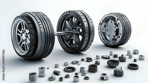 Three car wheels and variou...