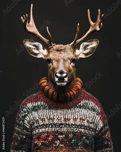 Reindeer adorned in a decorative knitted sweater photo