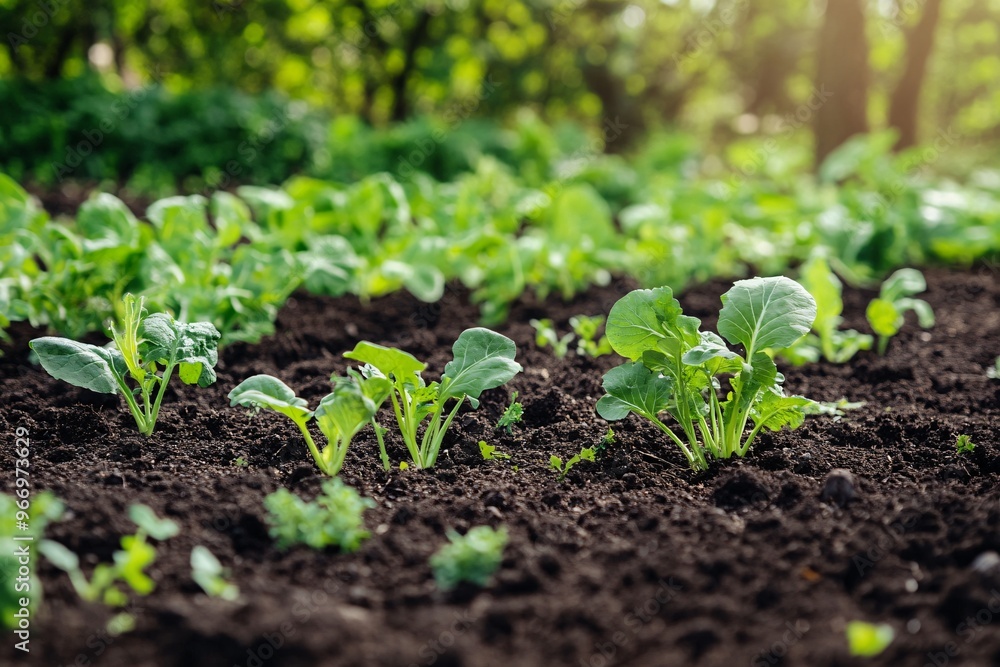 Vegetables flourish in a verdant garden where the mineral-rich soil is clearly visible, highlighting the principles of healthy food Vegetables flourish in a verdant garden where the mineral-rich soil is clearly visible, highlighting the principles of healthy food