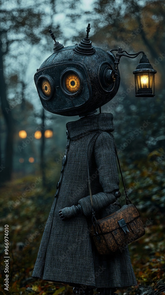 Steampunk Robot in Forest with Lantern and Bag Steampunk Robot in Forest with Lantern and Bag