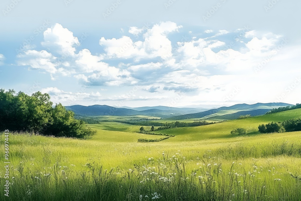 Obraz premium Wide-angle landscape of lush grasslands in the countryside.
