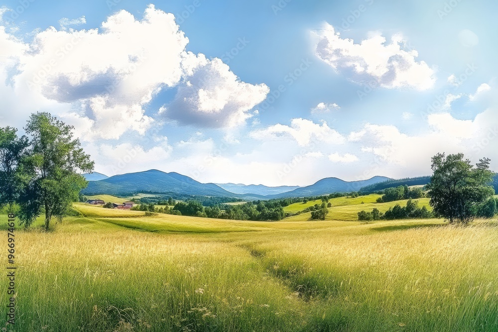 Fototapeta premium Scenic countryside panorama featuring vibrant grassland fields.