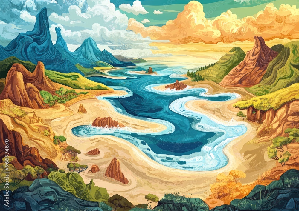 Geographic landscape illustration featuring both land and water elements Geographic landscape illustration featuring both land and water elements