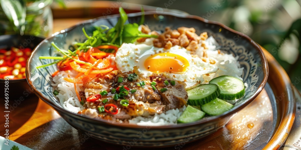 Traditional southern breakfast featuring broken rice, grilled pork ribs, fried eggs, pickled carrots and radishes, sliced cucumbers, and scallion oil. Traditional southern breakfast featuring broken rice, grilled pork ribs, fried eggs, pickled carrots and radishes, sliced cucumbers, and scallion oil.