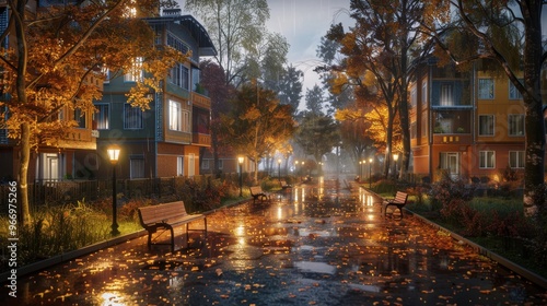 Charming autumn evening at a residential complex with lantern lit paths and colorful homes