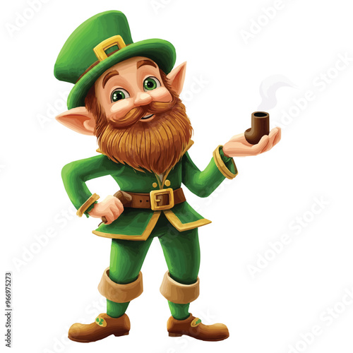 Cute cartoon leprechaun with a red bow tie and green suit