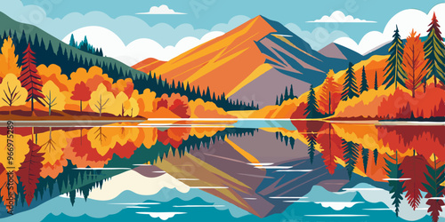 A serene autumnal scene depicting a calm lake reflecting colorful trees and mountains under a soft sky.