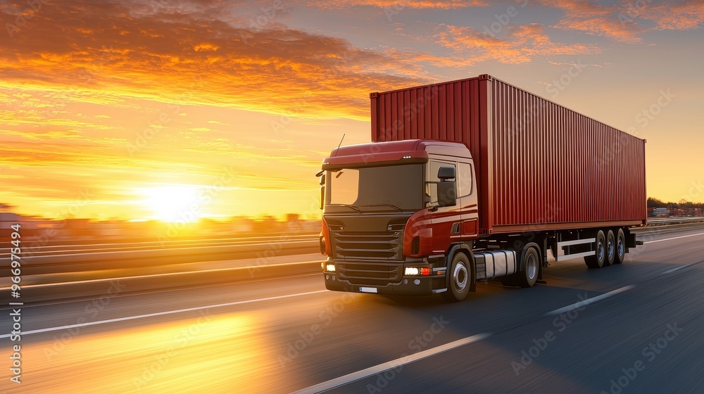 Red Semi Truck Driving on Highway at Sunset Red Semi Truck Driving on Highway at Sunset