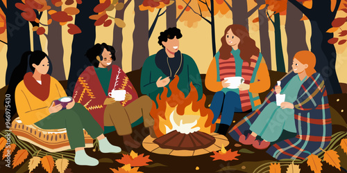 A heartwarming illustration of friends gathered around a campfire, enjoying cups of hot drinks, wrapped in cozy blankets amidst a backdrop of autumn foliage.