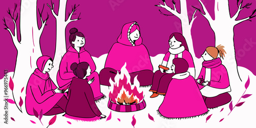 A stylized illustration of people in vibrant pink cloaks gathered around a campfire in a purple forest, enjoying a communal moment.