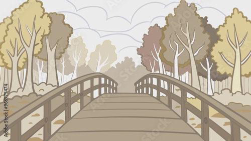 An evocative illustration featuring a wooden bridge amidst a serene autumnal park, flanked by trees with fading leaves under a soft, overcast sky.