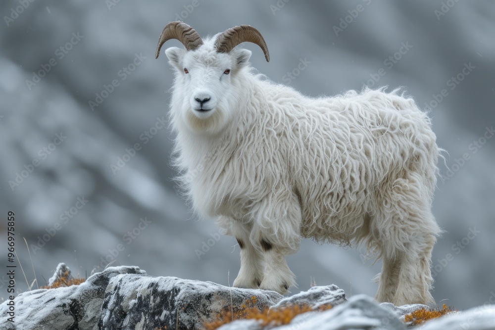 mountain goat with fluffy white fur standing on a snowy rock. His horns curve beautifully, and the background consists of blurry gray mountains, which emphasizes his wildness and majesty. The animal l mountain goat with fluffy white fur standing on a snowy rock. His horns curve beautifully, and the background consists of blurry gray mountains, which emphasizes his wildness and majesty. The animal l