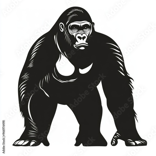 A black and white illustration of a gorilla standing on all fours, looking directly at the viewer. photo