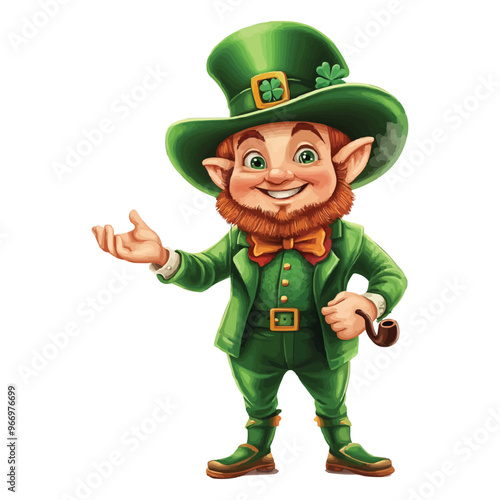 Cute cartoon leprechaun with a red bow tie and green suit