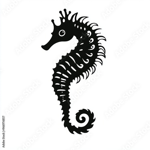 A black and white illustration of a seahorse with a curled tail and a crown on its head.