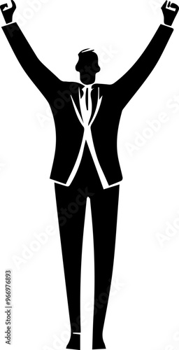 Silhouette of a business leader standing tall with arms raised in victory.