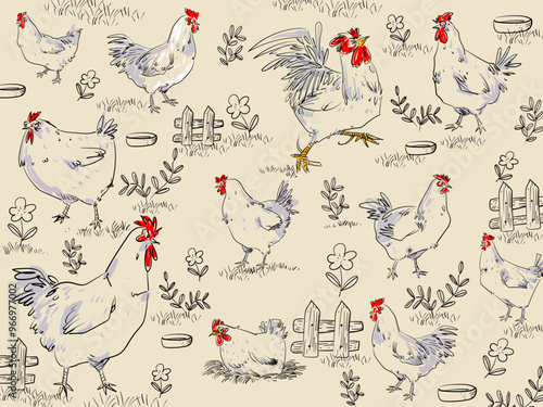 Chicken, hen, rooster pattern hand drawing sketch vector illustration design. Cute lovely poultry farm birds animal design for fabric, textile, wrapping, wallpaper and background. photo