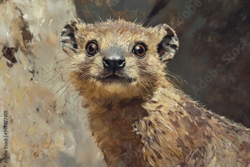 Portrait of an adorable rock hyrax depicted in an oil painting showcasing its unique features and charm