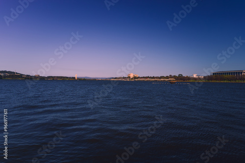 The photo showcases the beautiful scenery on both sides of the Lake Burley Griffin