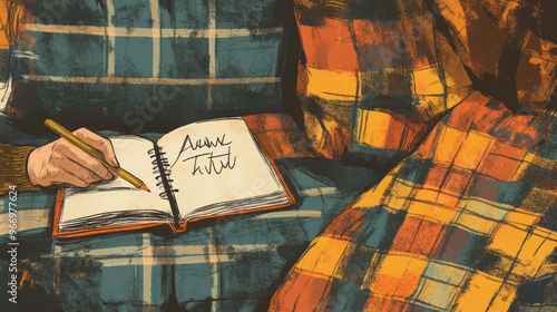 Cozy home scene featuring a notebook with handwritten Autumn complemented by a hand holding a pencil and a warm plaid on a sofa photo