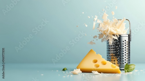 Stylized illustration of cheese grater and Parmesan wedge in bold lines.
