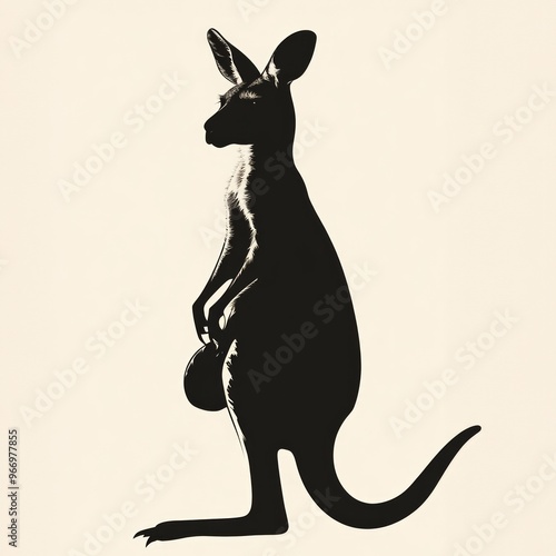 A black and white silhouette of a kangaroo standing upright with its tail behind it. photo