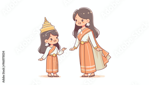 Asian Women Wear Traditional Dress for New Year Festival Isolated Background